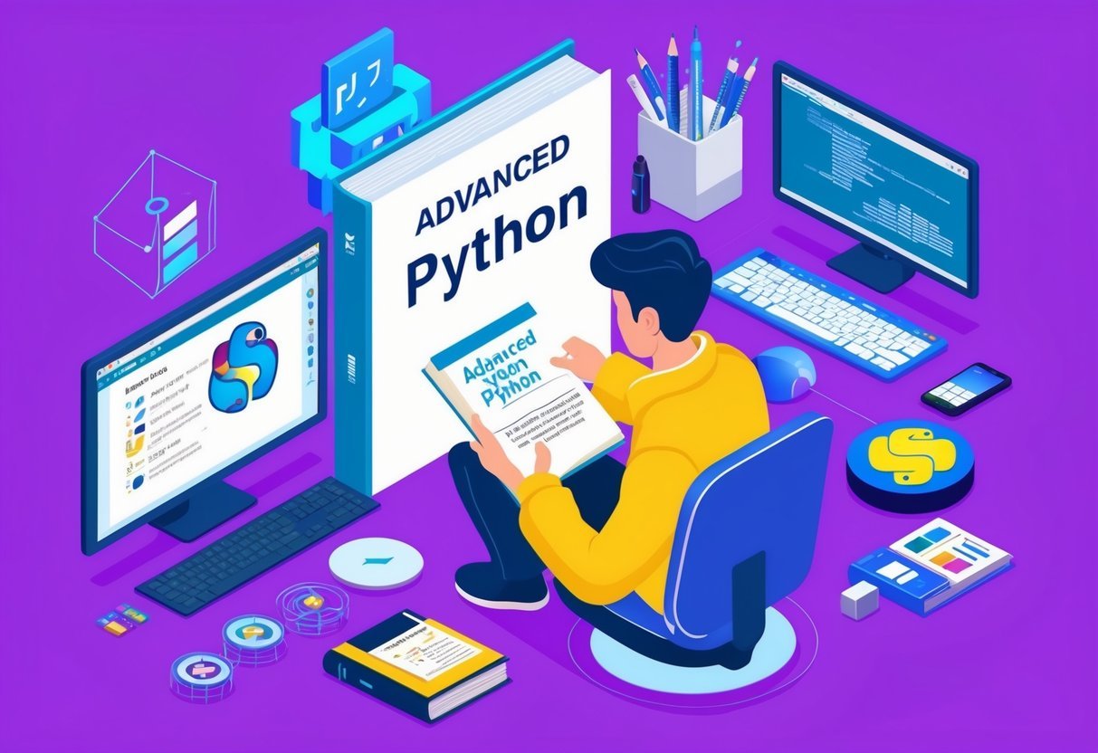A person studying a book on advanced Python, surrounded by computer screens and data science tools