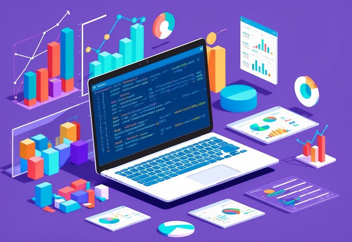 A laptop displaying SQL queries, surrounded by data charts and graphs