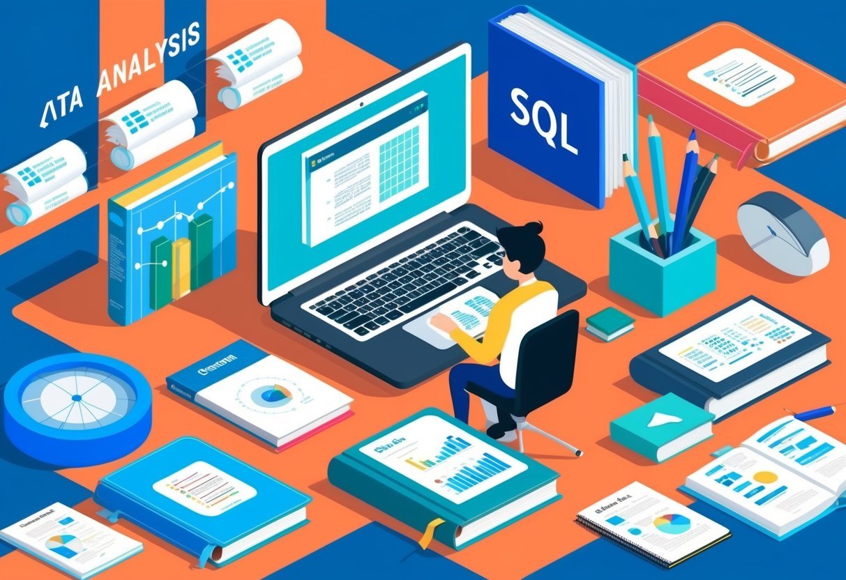 A person studying SQL with a laptop and notebook, surrounded by data analysis books and resources