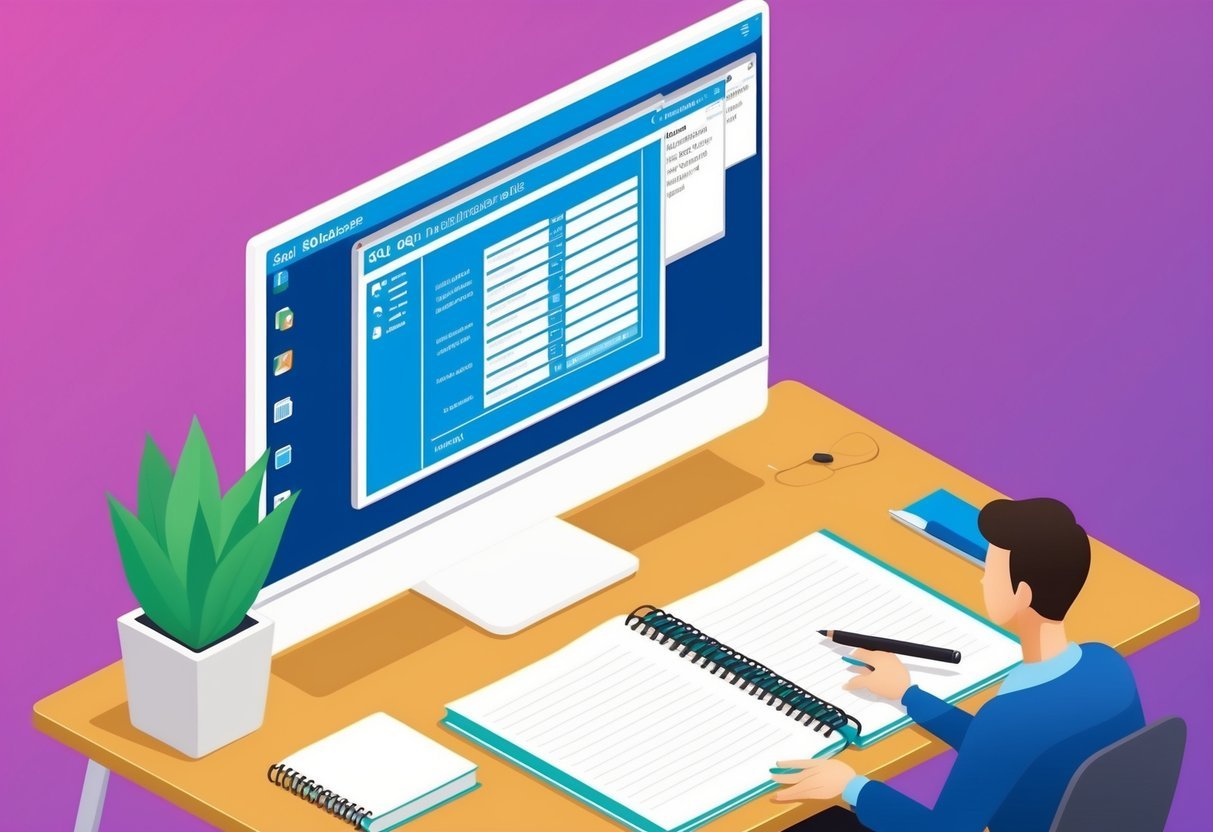 A person at a desk, computer screen with SQL database interface, notebook, and pen