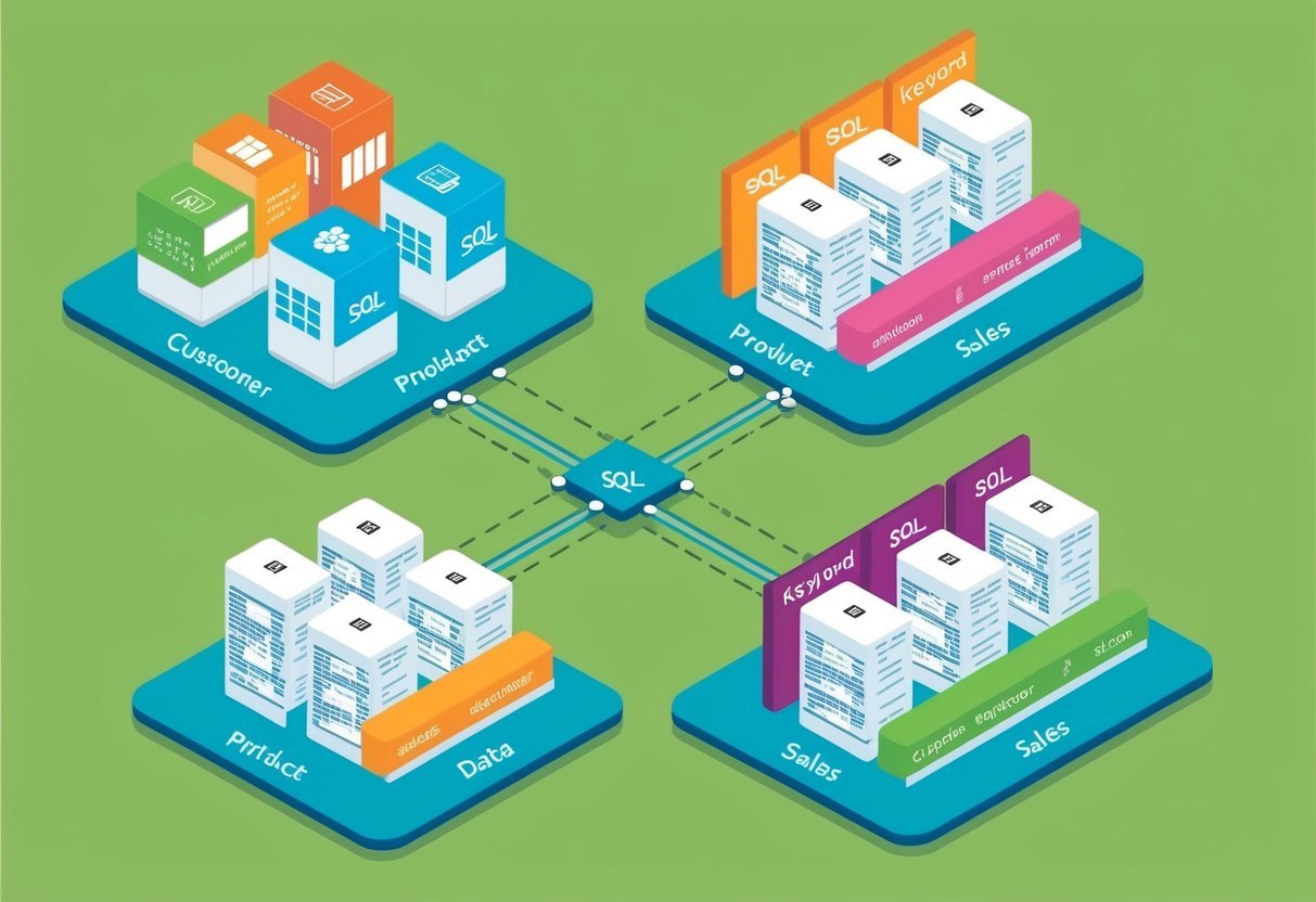 Multiple tables connected by lines, each labeled with SQL keywords. One table has customer data, another has product data, and a third has sales data