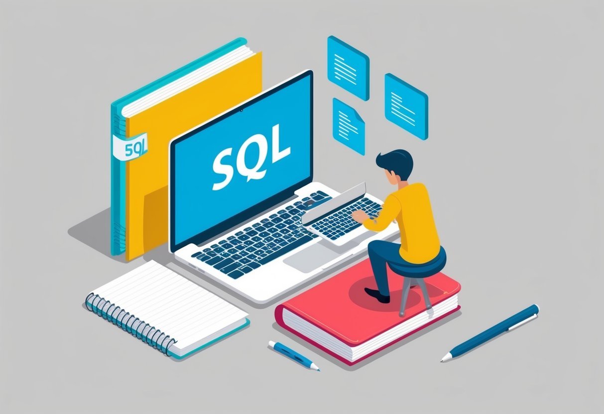 A person using a laptop to study SQL, with a notebook and pen nearby