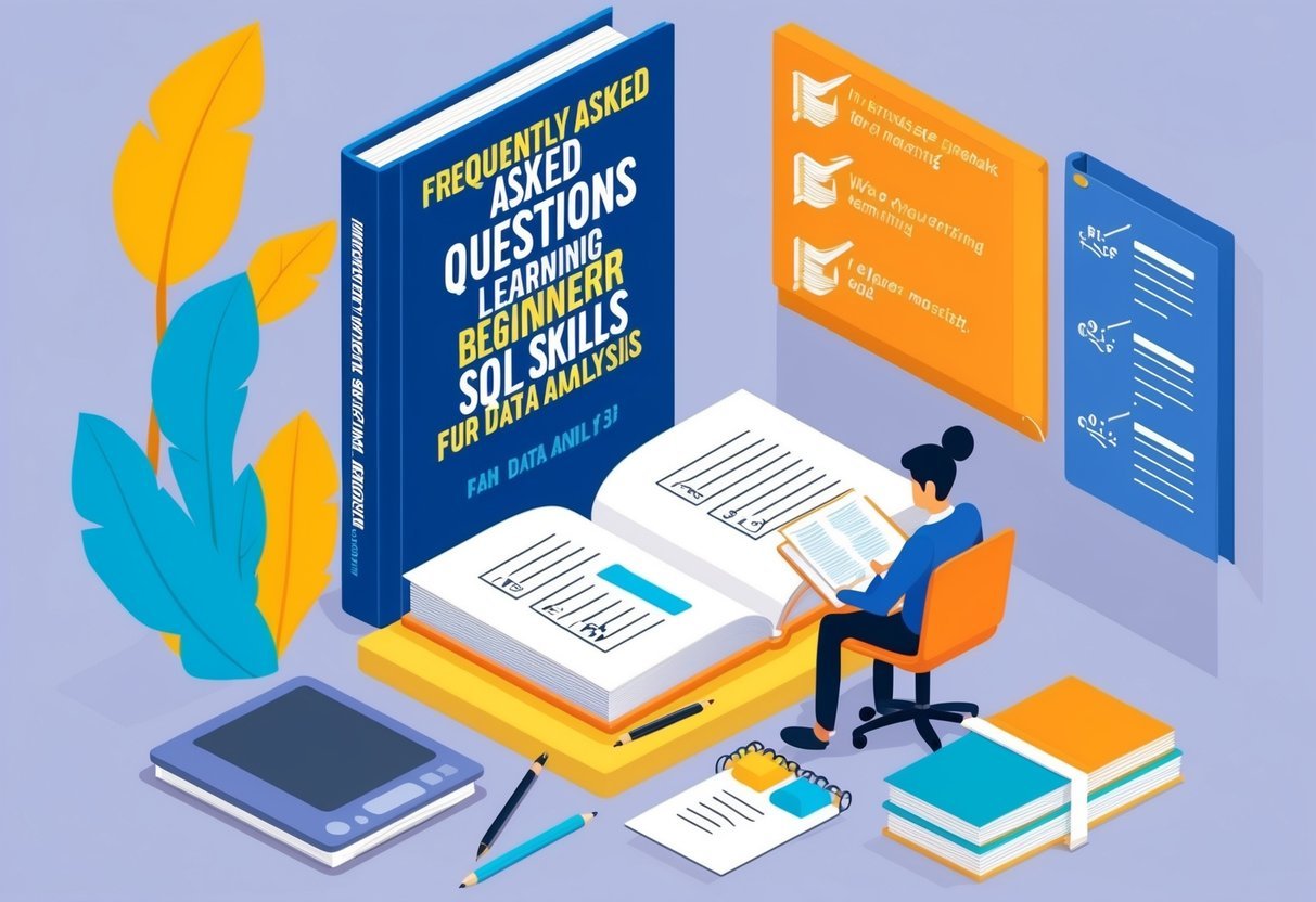 A person studying a book titled "Frequently Asked Questions Learning Beginner SQL skills for Data Analysis" at a desk with a laptop and notes