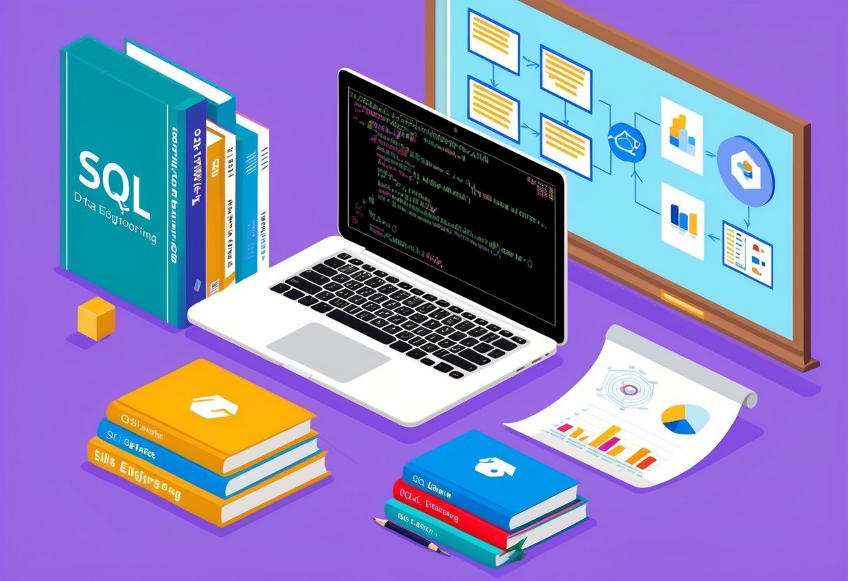 A laptop displaying SQL code, surrounded by books on data engineering and a whiteboard with SQL diagrams
