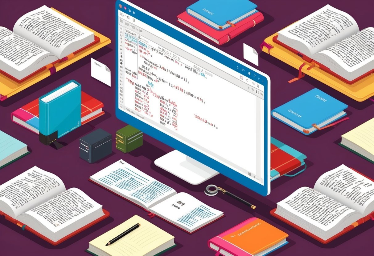 A computer screen displaying a complex SQL query with multiple joins and subqueries, surrounded by open textbooks and notes