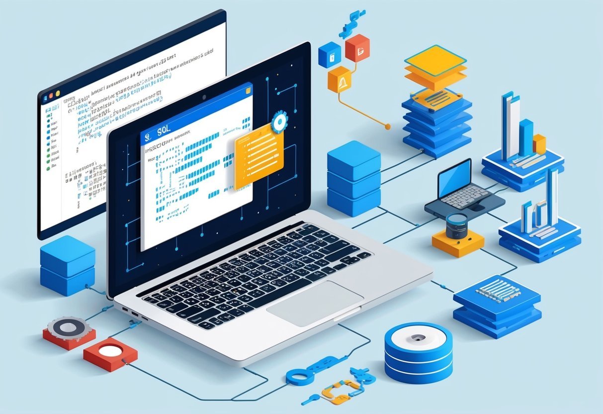 A laptop displaying SQL queries connected to various data engineering tools and technologies