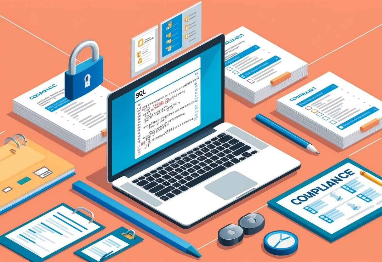 A laptop displaying SQL code with a lock icon, surrounded by documents and a compliance checklist