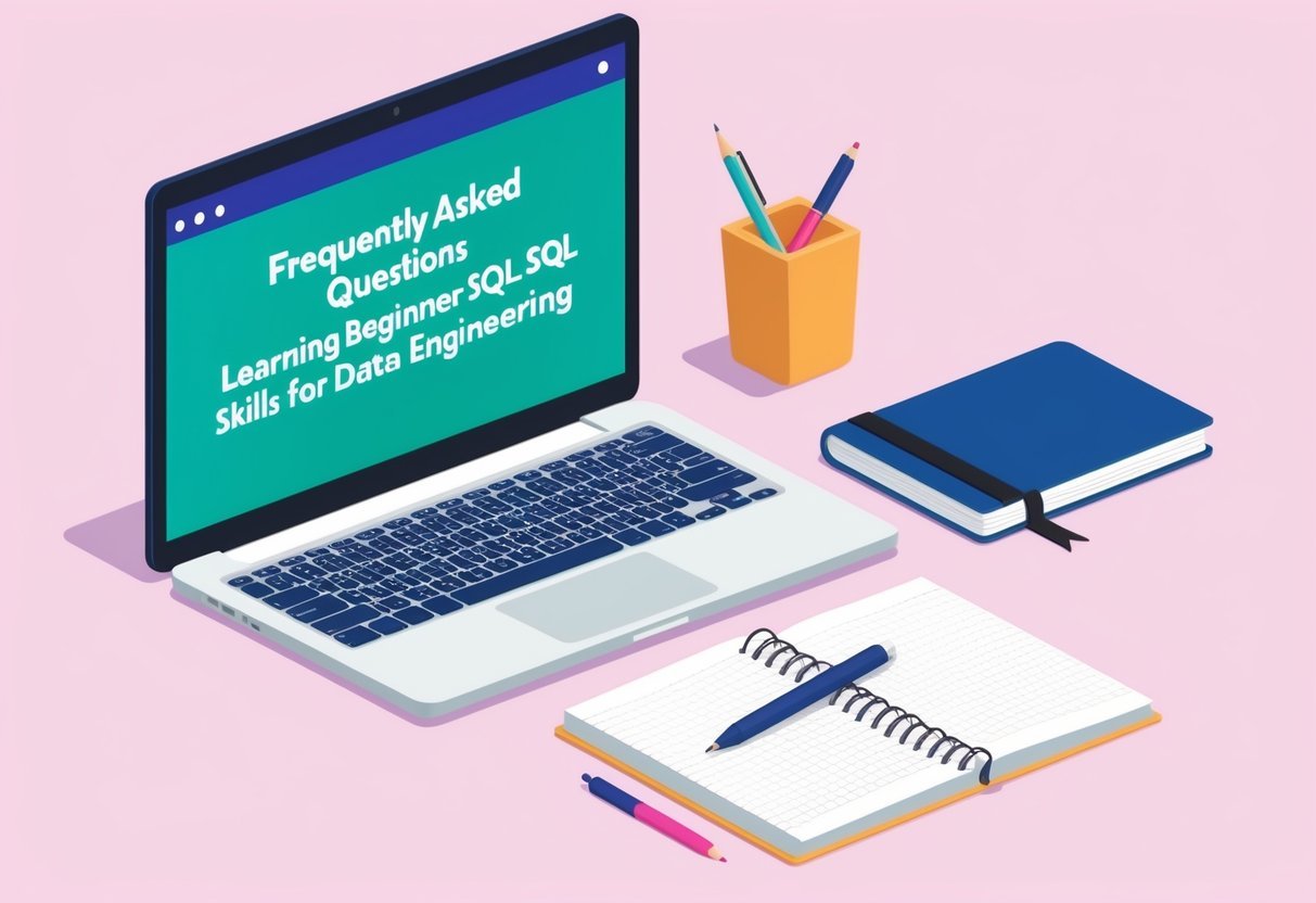 A laptop open to a webpage titled "Frequently Asked Questions Learning Beginner SQL skills for Data Engineering" with a pen and notebook beside it