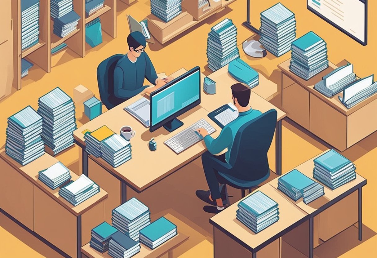 A table surrounded by files, folders, and a computer, with a person reviewing documents and making notes