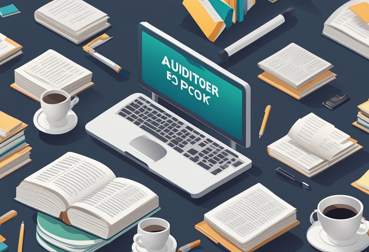 A table surrounded by open books, a computer, and a stack of papers. An auditor's toolkit and a magnifying glass are placed on the table