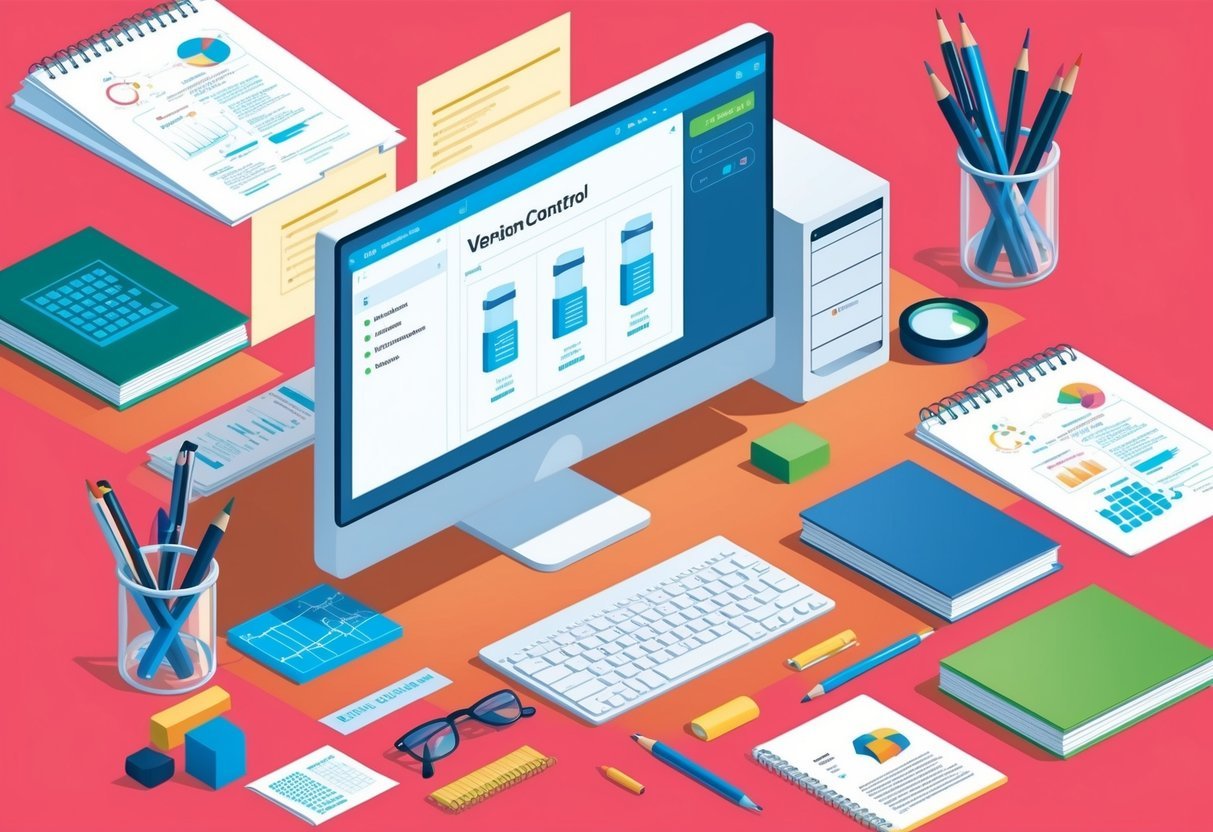 A scientist's desk with a computer displaying version control software, surrounded by research papers and notebooks