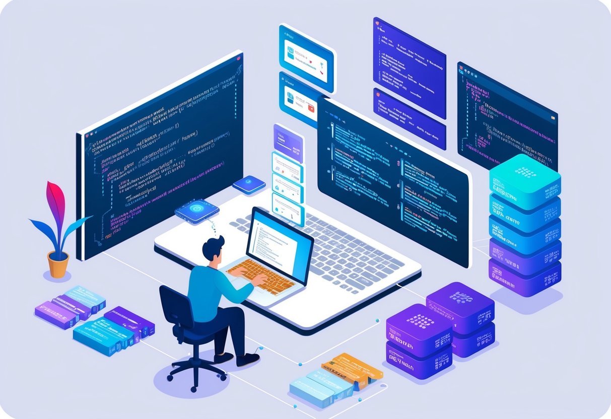A scientist working on a machine learning project, with multiple versions of code and data being organized and managed within a workflow