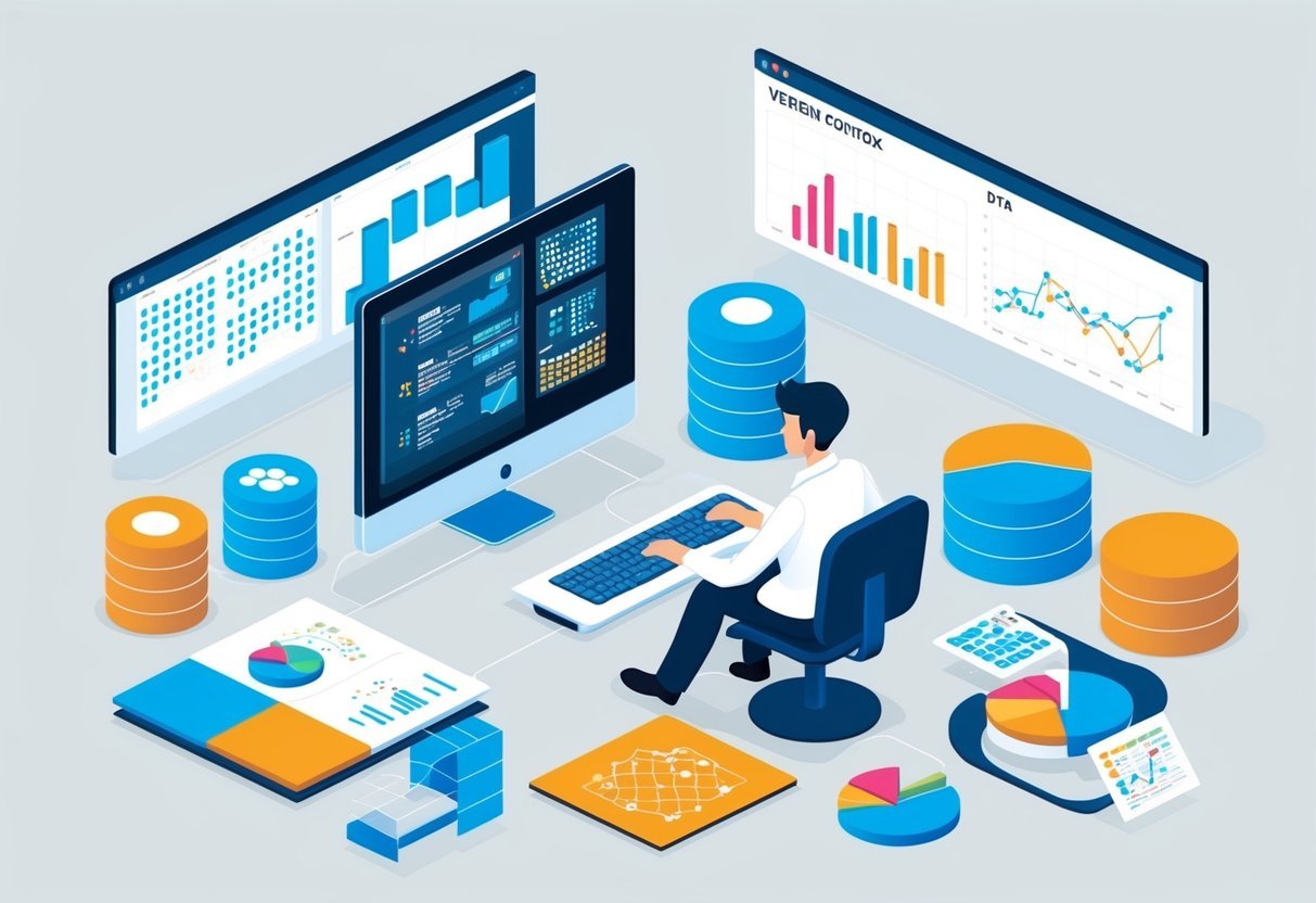 A scientist working at a computer, surrounded by data charts and graphs, with a focus on version control and replicability within their workflow
