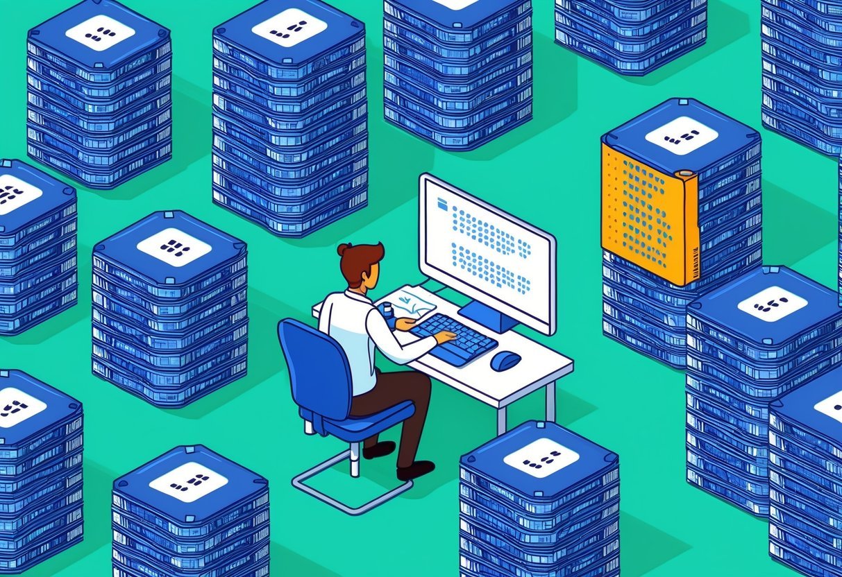 A scientist at a computer, surrounded by stacks of large datasets and binary files, learning about version control within their workflow