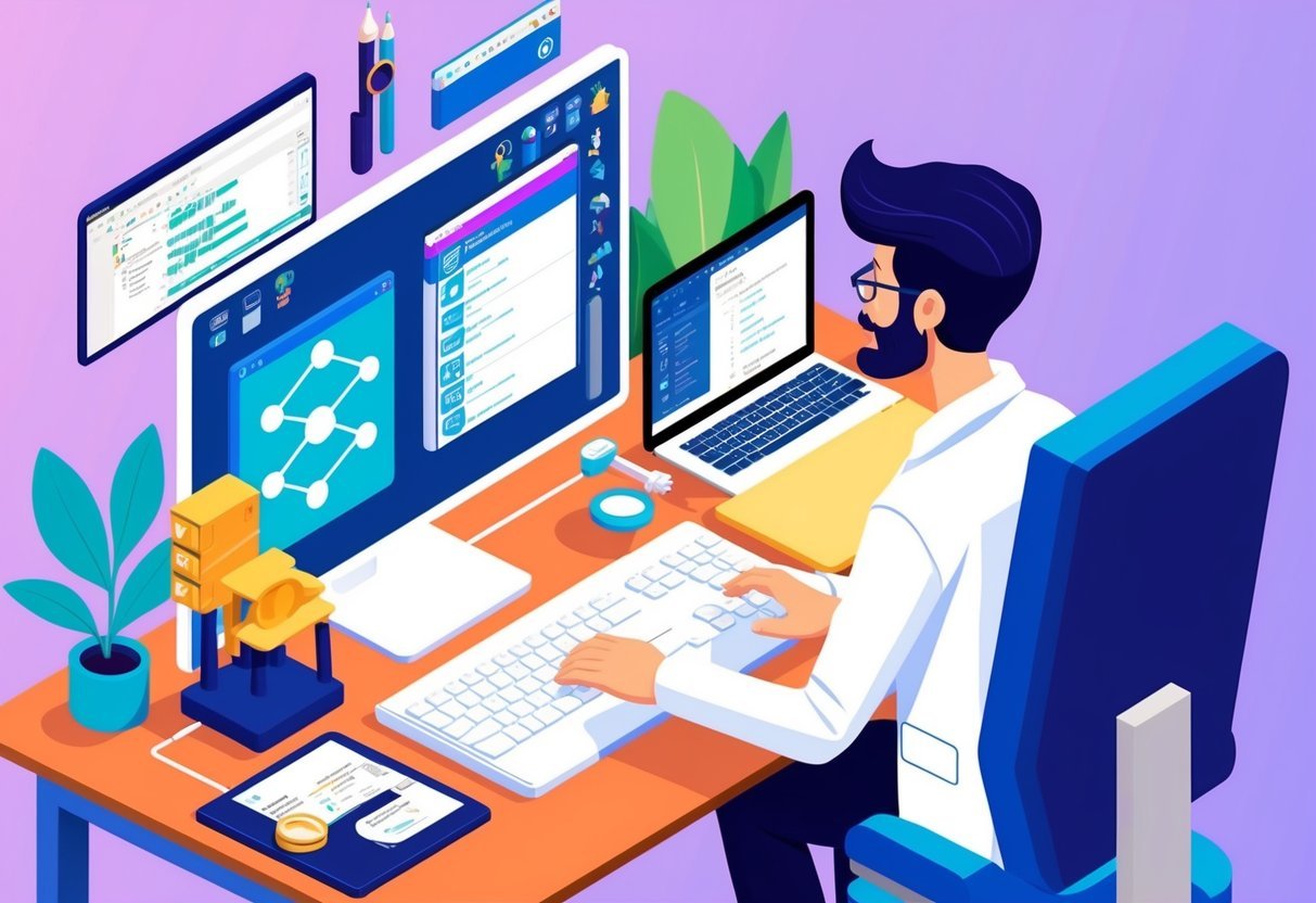 A scientist working at a computer, with various development tools and version control software open on the screen