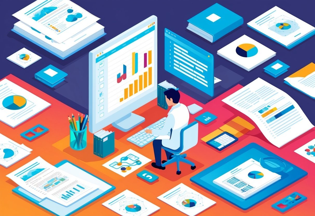 A scientist at a computer, surrounded by research papers and notes, accessing version control software to manage their workflow