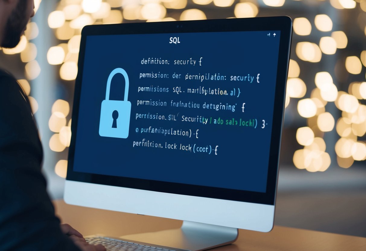 A computer screen displaying SQL code with a lock icon and a key icon, representing security and permissions in SQL data manipulation and data definition
