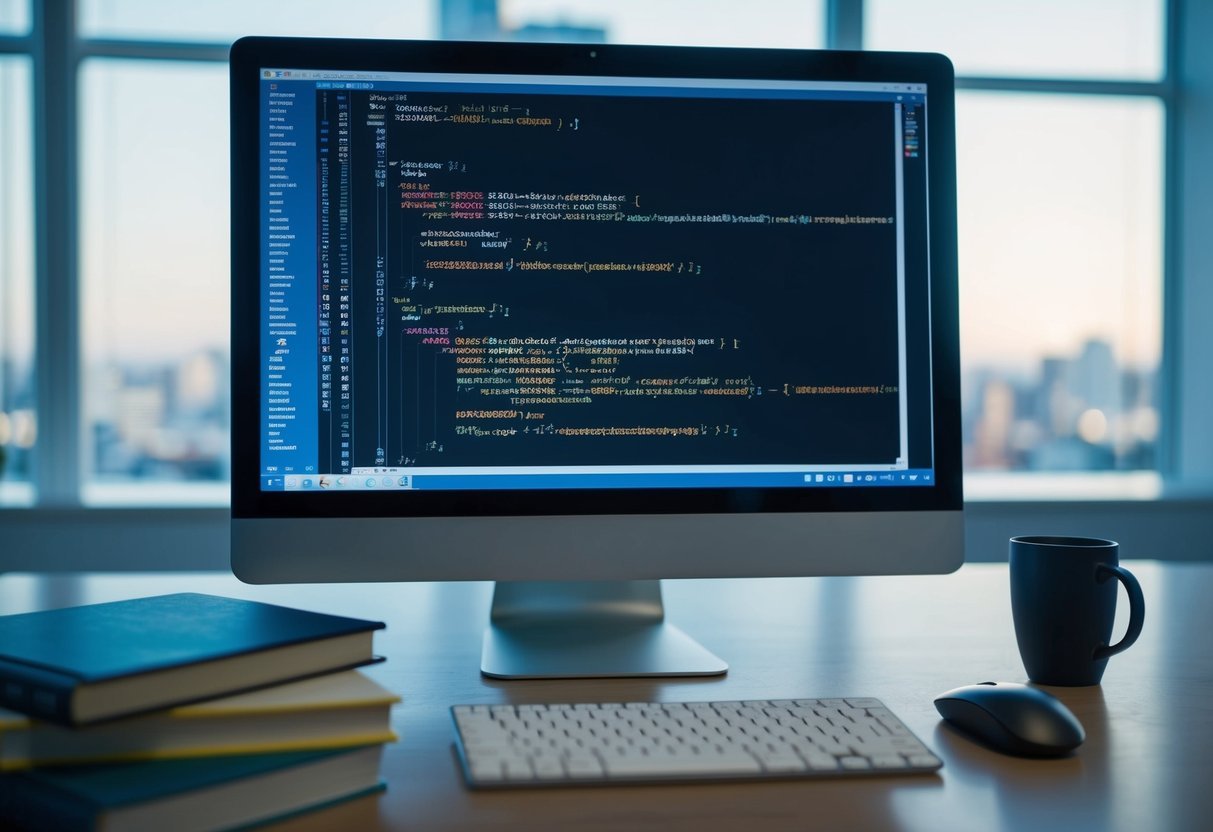 A computer screen displaying SQL code, with a keyboard and mouse nearby. Books on SQL and programming are open on the desk