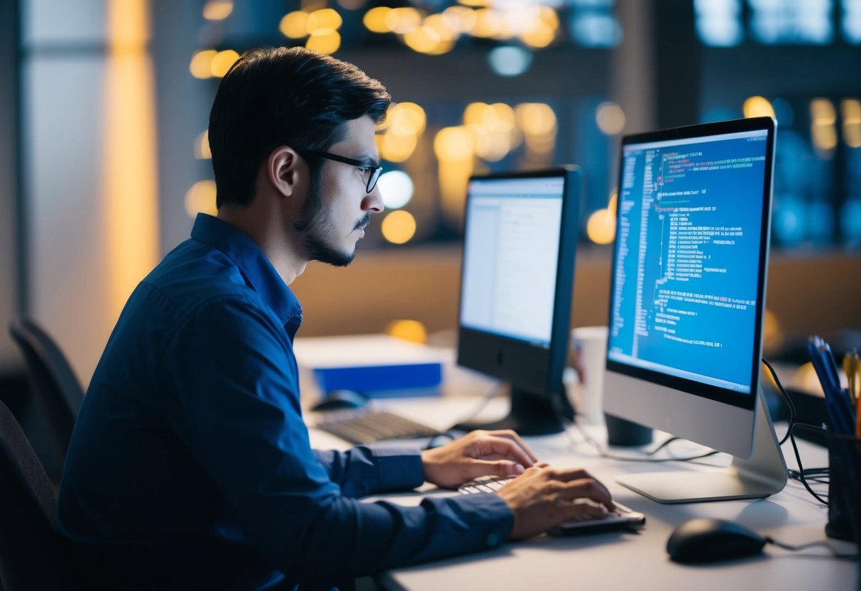 A person working on a computer, writing SQL queries and manipulating data in a database