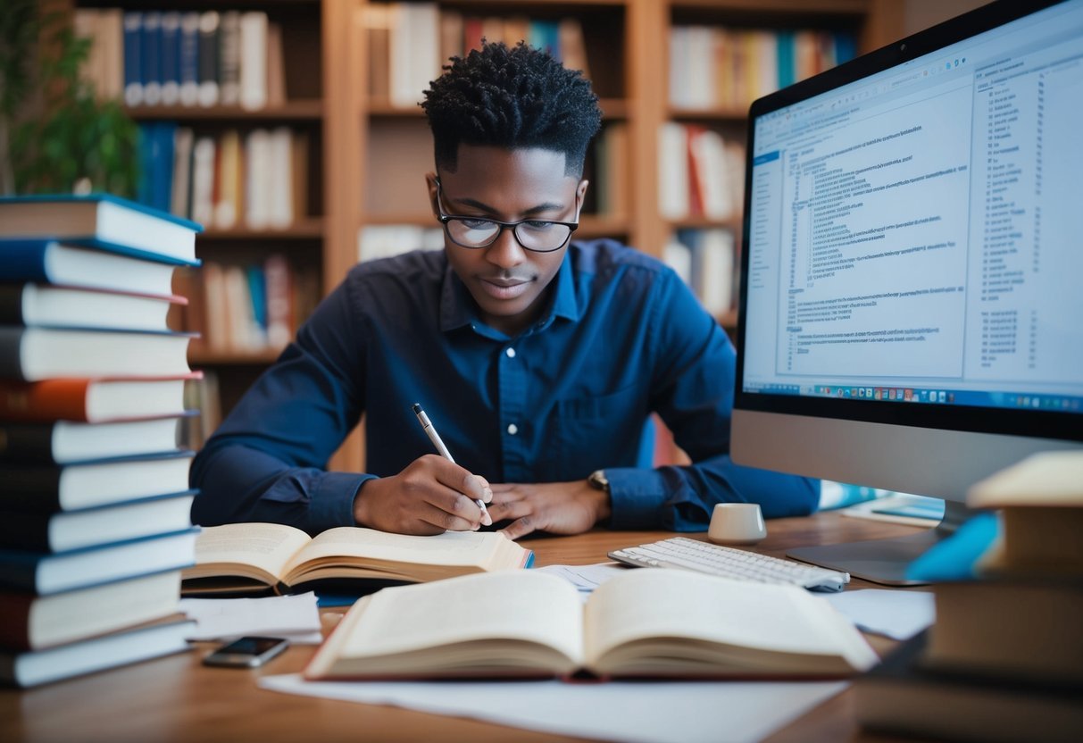 A person at a computer, surrounded by books and notes, studying SQL data manipulation and data definition