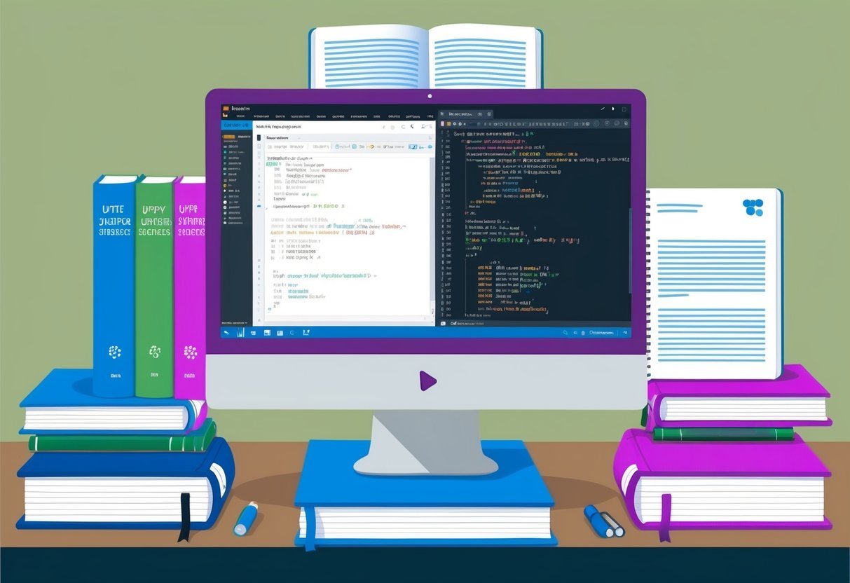 A computer screen displaying a split view of Jupyter Notebook and a code editor with .py files open, surrounded by data science reference books and notebooks