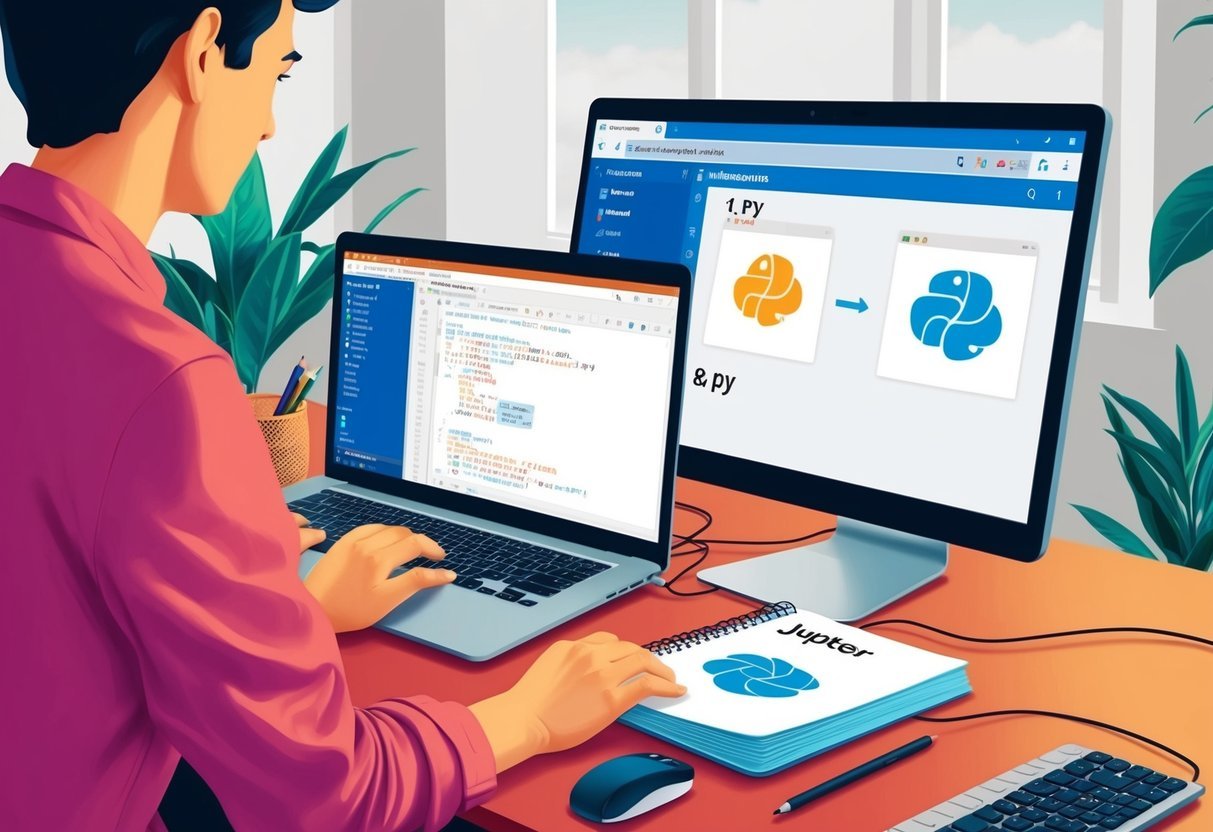 A person working on a computer, with a Jupyter Notebook open and creating .py files