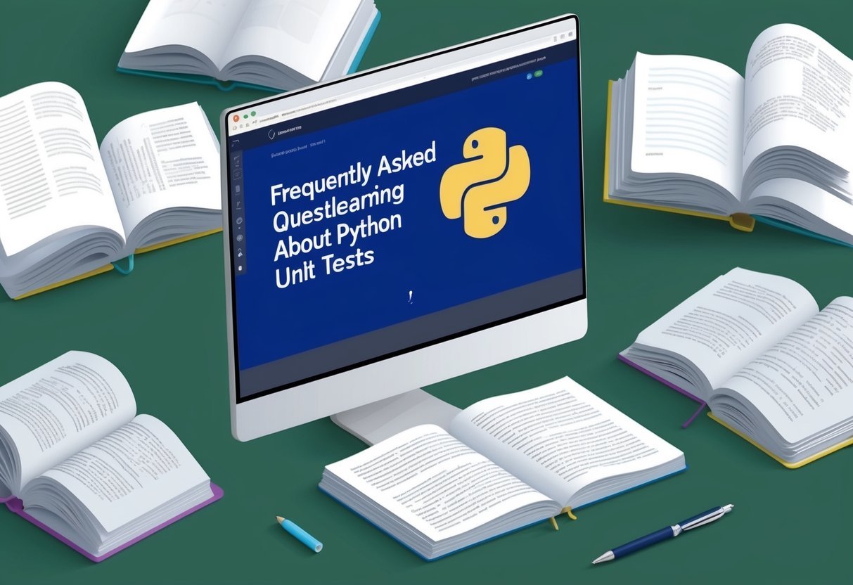 A computer screen displaying a webpage with the title "Frequently Asked Questions Learning About Python Unit Tests", surrounded by open books and a notebook with a pen