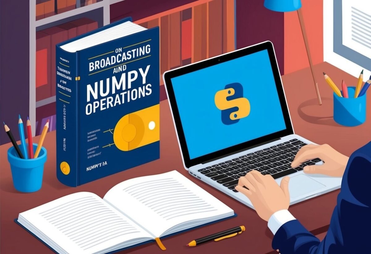 A person studying a book on broadcasting and NumPy operations with a computer and notebook open on a desk