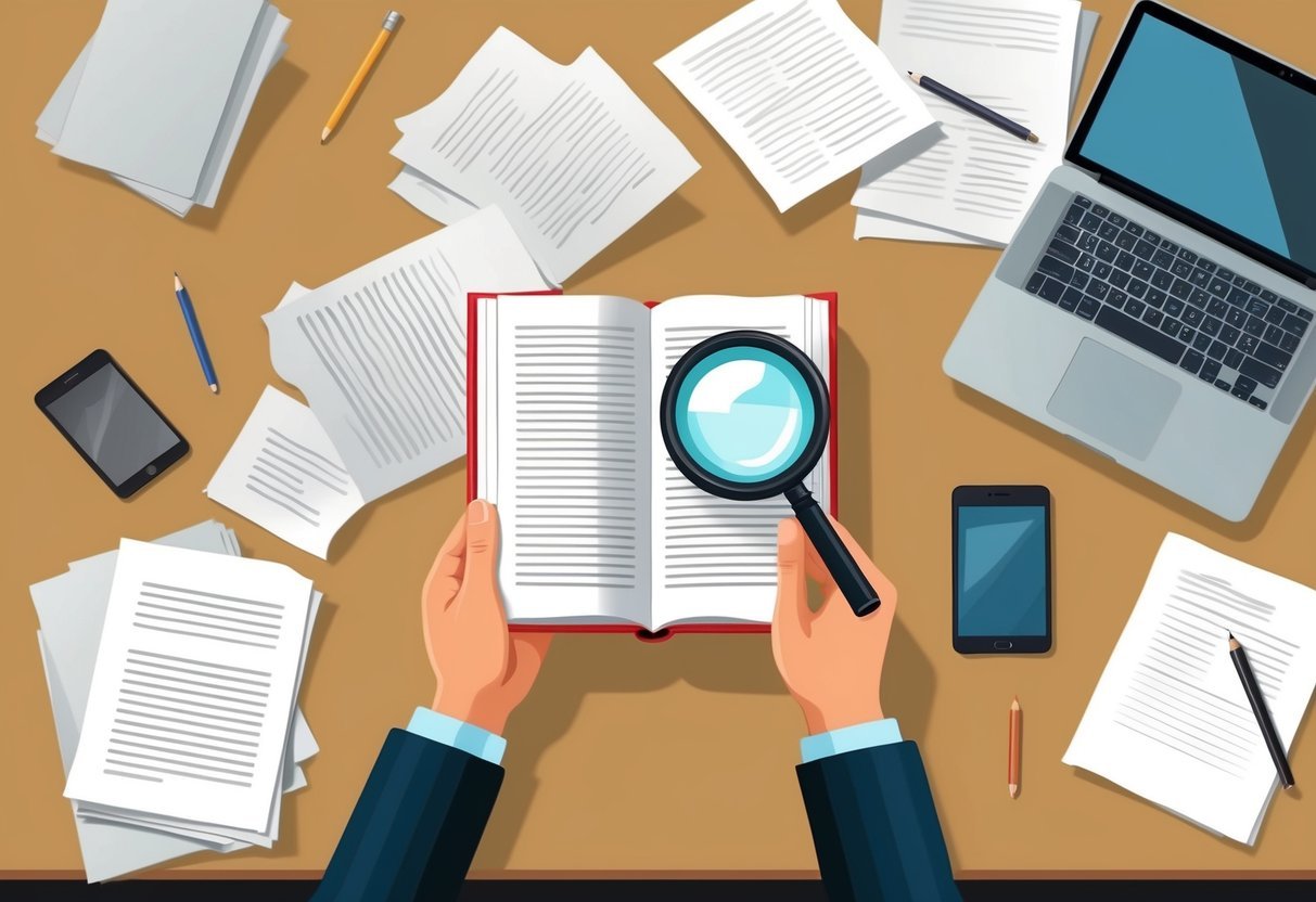 A person reading a book with a magnifying glass on a table surrounded by scattered papers and a laptop