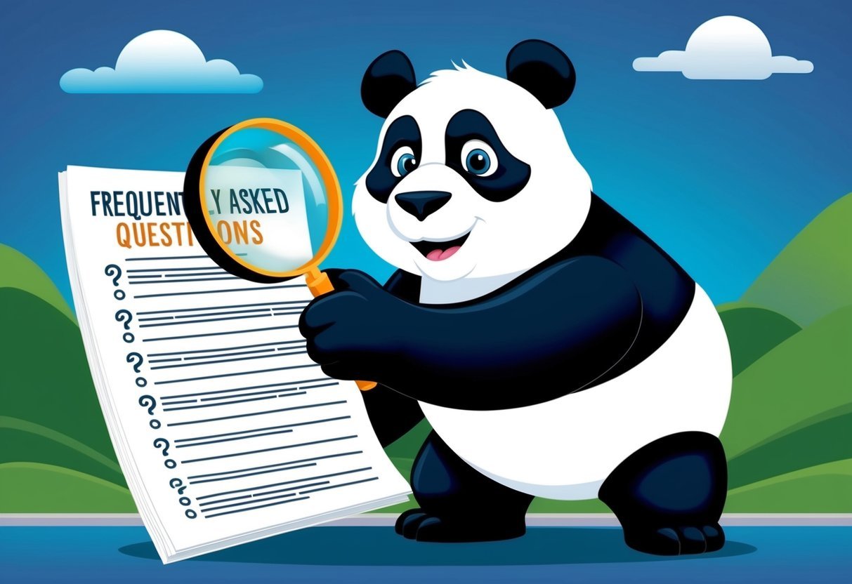 A panda mascot character browsing through a list of frequently asked questions with a magnifying glass
