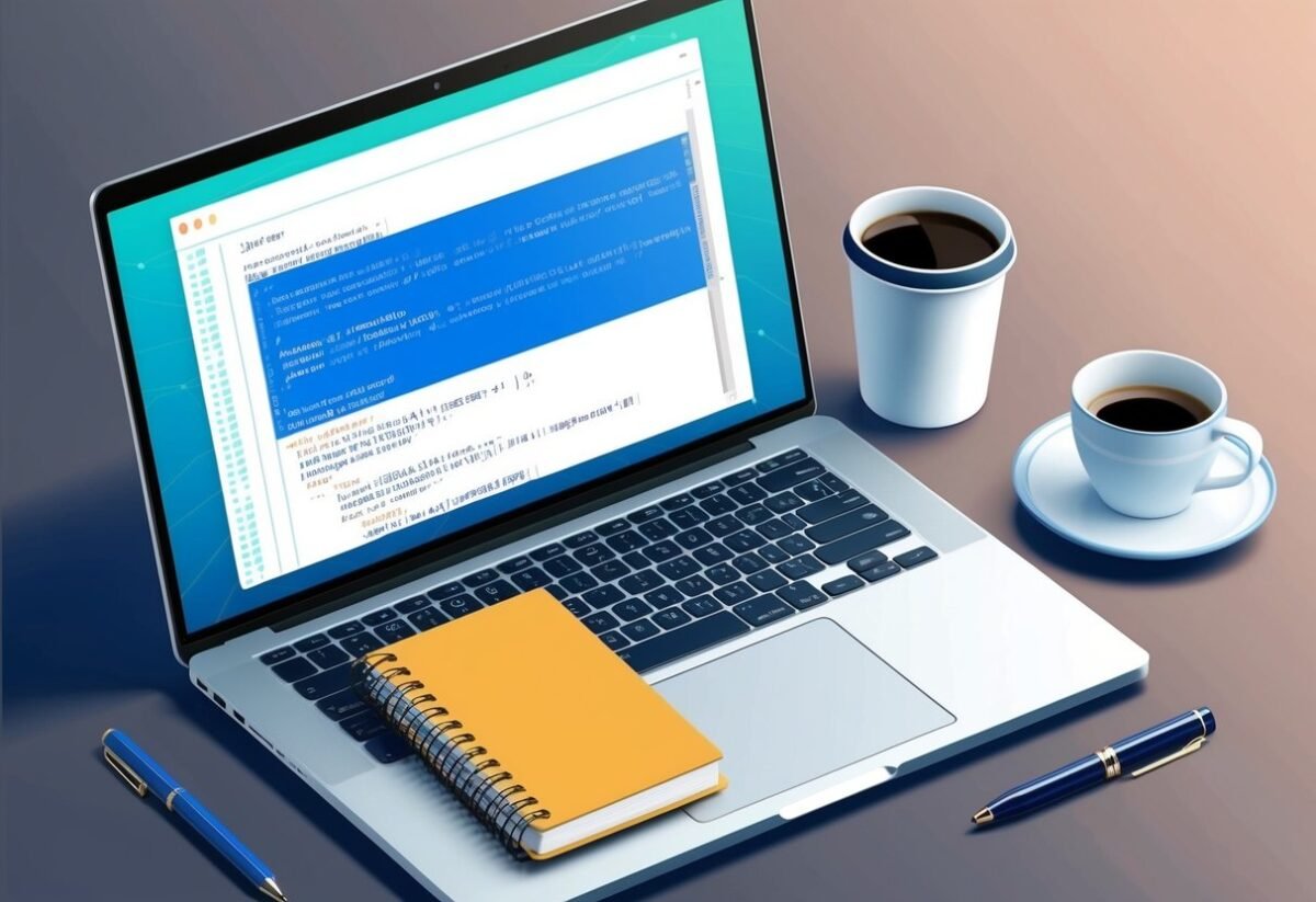 A laptop displaying a code editor with a script for Seaborn data visualization. A notebook, pen, and coffee cup are nearby