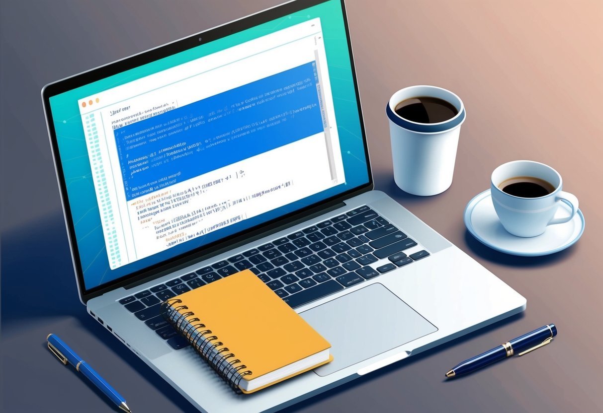 A laptop displaying a code editor with a script for Seaborn data visualization. A notebook, pen, and coffee cup are nearby