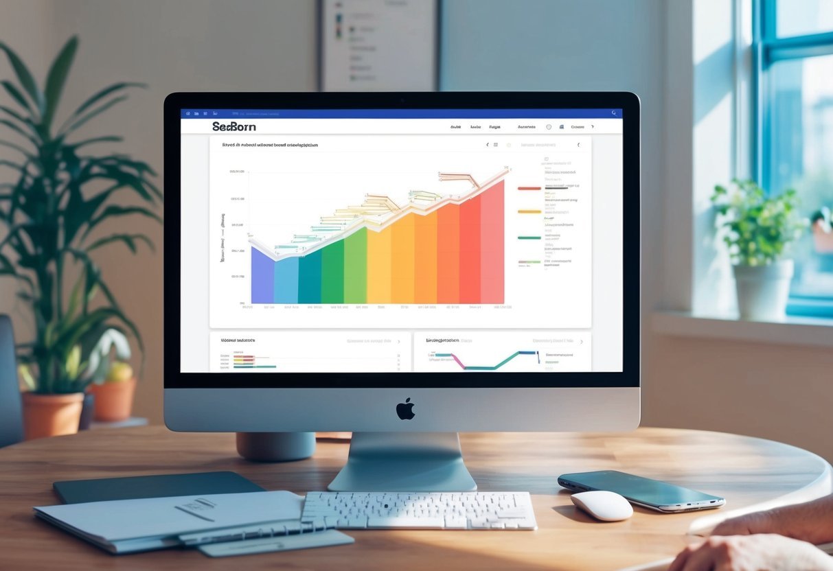 A computer screen displaying a colorful statistical data visualization created using Seaborn coding