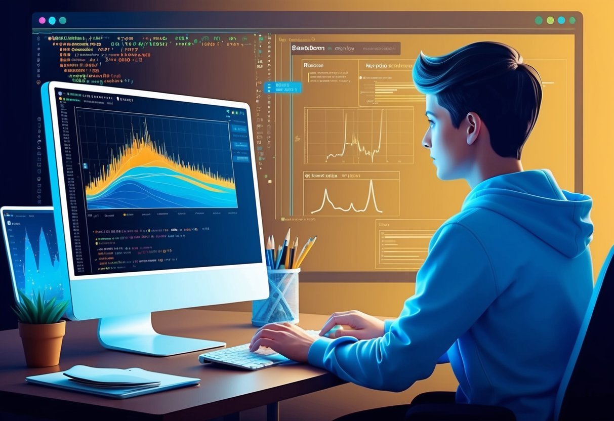 A person working at a computer, surrounded by code and data visualizations, with a focus on a Seaborn plot being fine-tuned