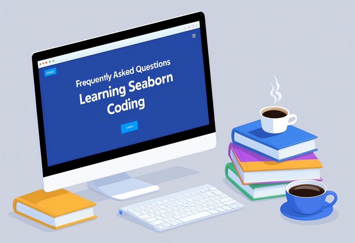 A computer screen displaying a webpage with a title "Frequently Asked Questions Learning Seaborn Coding", surrounded by coding books and a cup of coffee