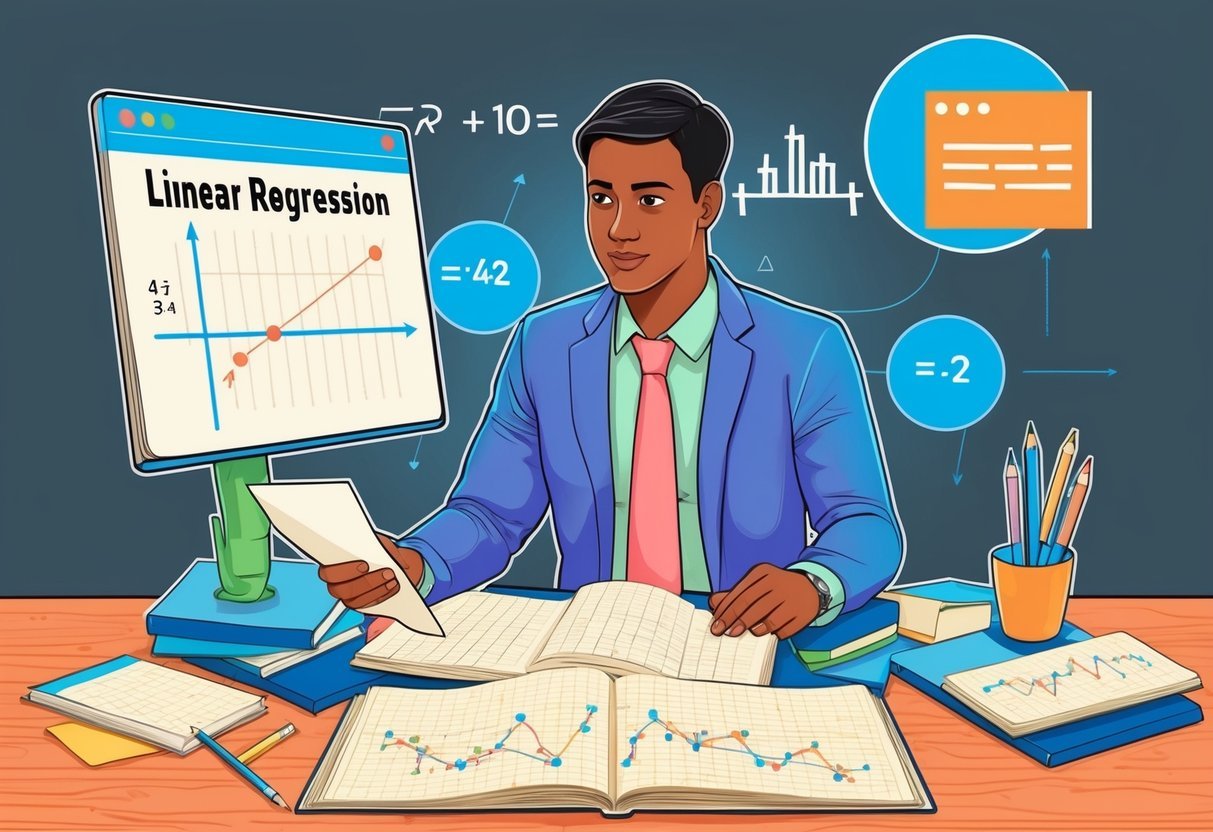 A person studying a linear regression algorithm, surrounded by graphs, equations, and data points