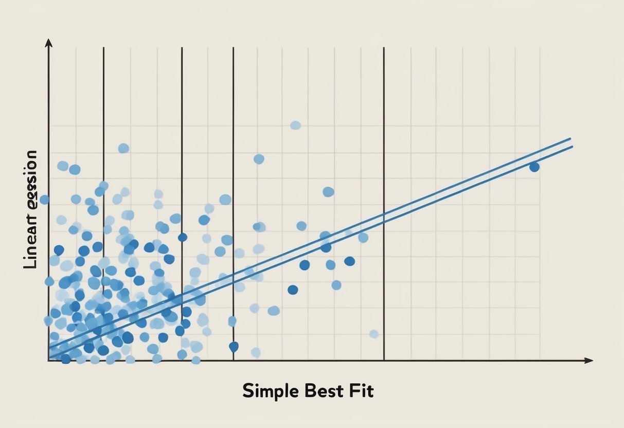A graph with a scatter plot of data points and a line of best fit representing simple linear regression