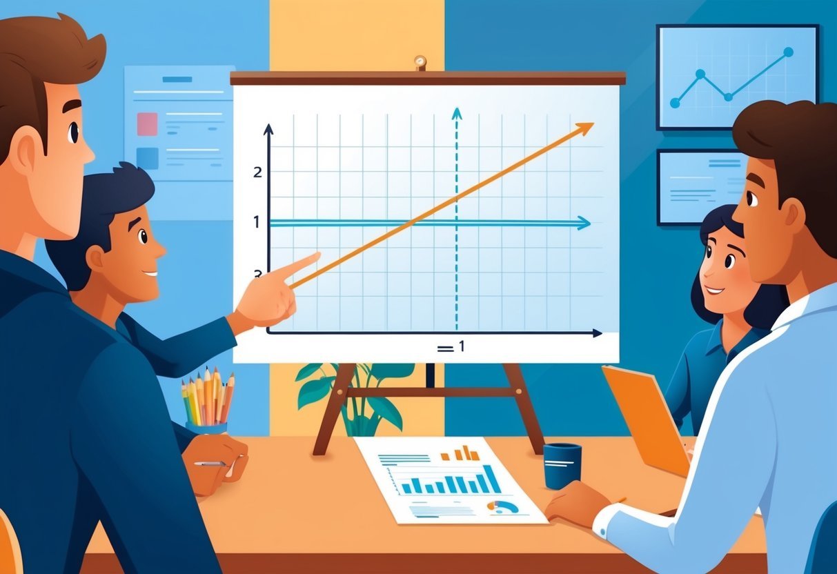 A person pointing to a graph with a line showing a linear regression model, while others look on with interest
