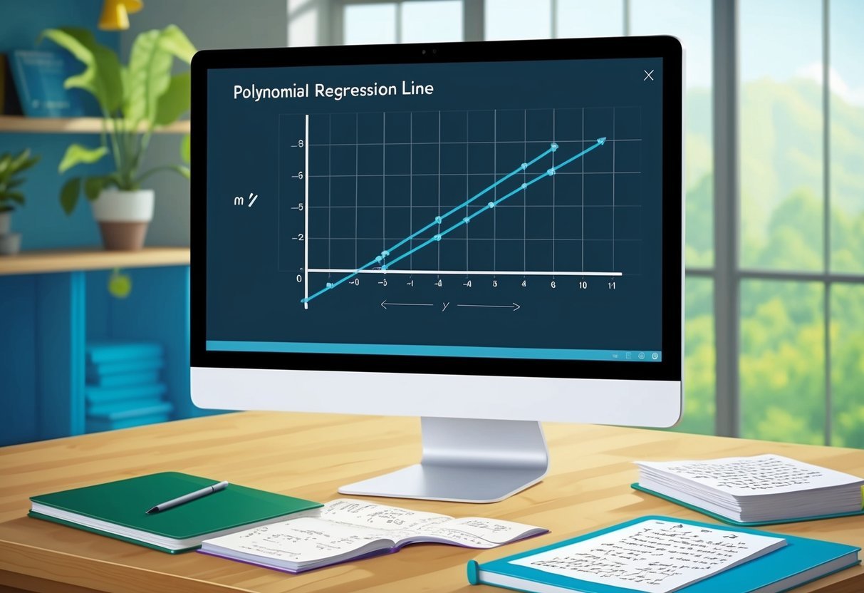 A computer screen displaying a graph with a polynomial regression line being adjusted by sliders, while a notebook with equations and notes sits nearby