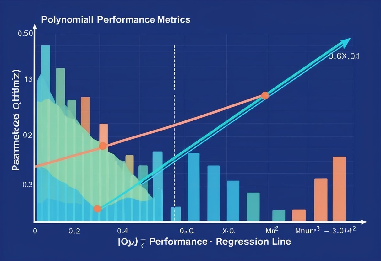 A graph with a polynomial regression line adjusting its parameters to optimize performance metrics