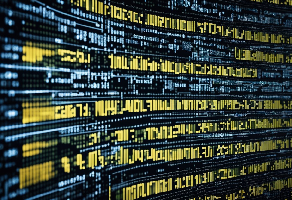 A computer screen displaying code for machine learning algorithms in Python, with various design patterns and big O notation in the background