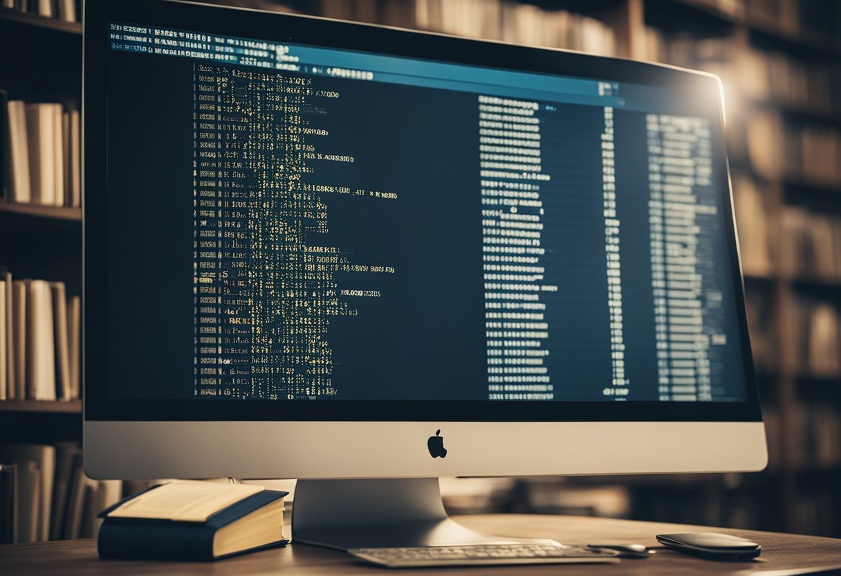 A computer screen showing Python code for tree representation, with books on programming in the background