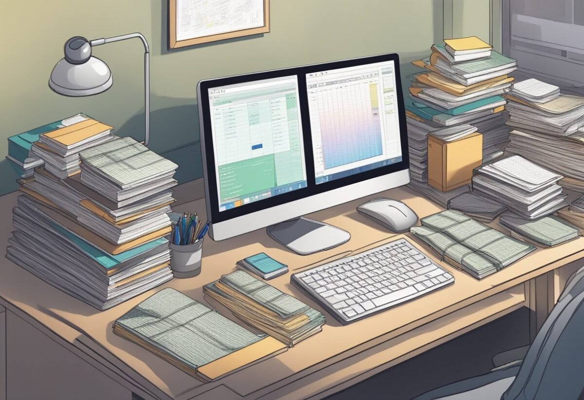 A cluttered desk with a computer screen displaying Python code for insertion sort, surrounded by reference books and notes