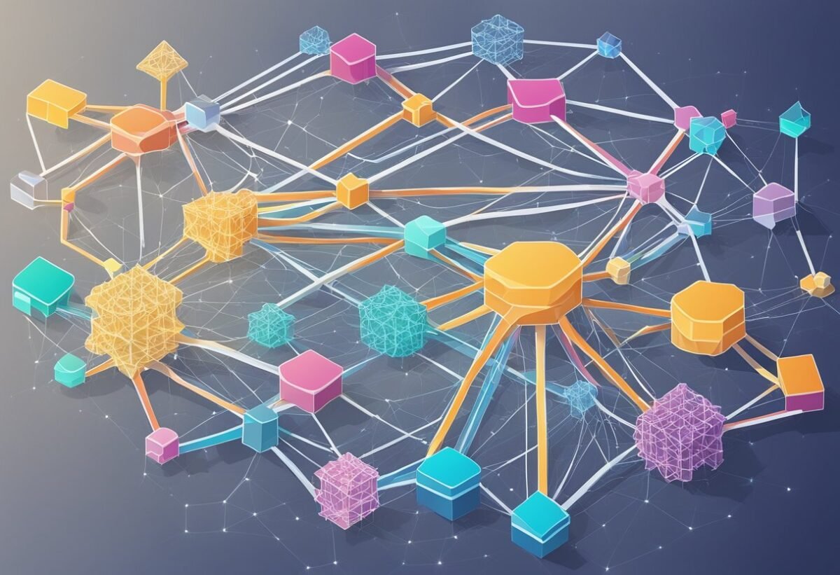 A group of interconnected nodes forming a neural network, with data points flowing through various pathways, representing the concept of unsupervised learning