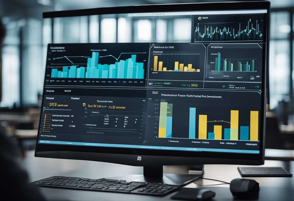 A computer screen displays a Power BI interface with DAX function categories. Charts and graphs are visible in the background