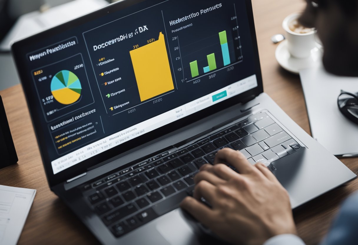 A laptop screen displaying a Power BI interface with various DAX function categories and a person studying them