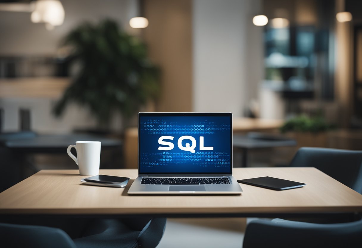 A laptop displaying SQL code with Azure SQL logo in background