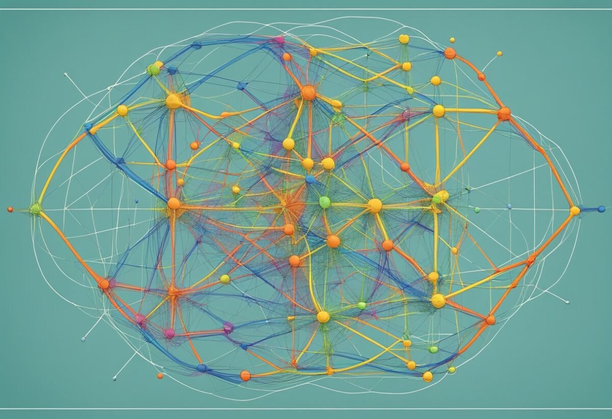 A complex web of interconnected nodes and lines representing algorithm optimization for regression in data science