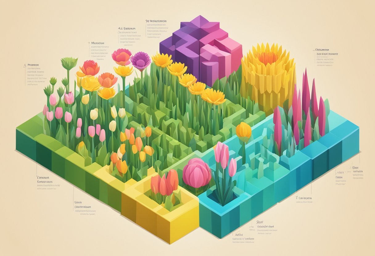 A colorful histogram depicting flower attributes with labeled axes and a title