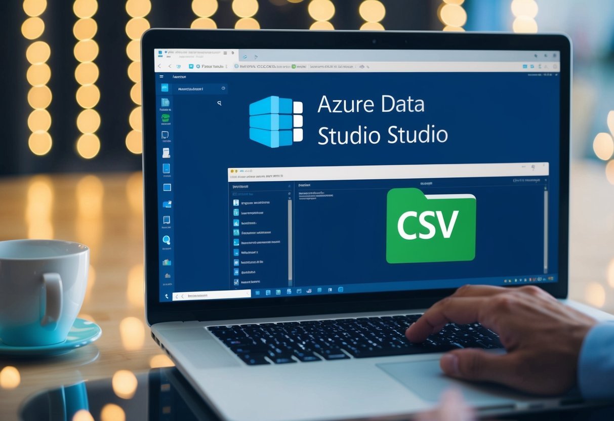 A laptop screen displaying Azure Data Studio with a CSV file being imported